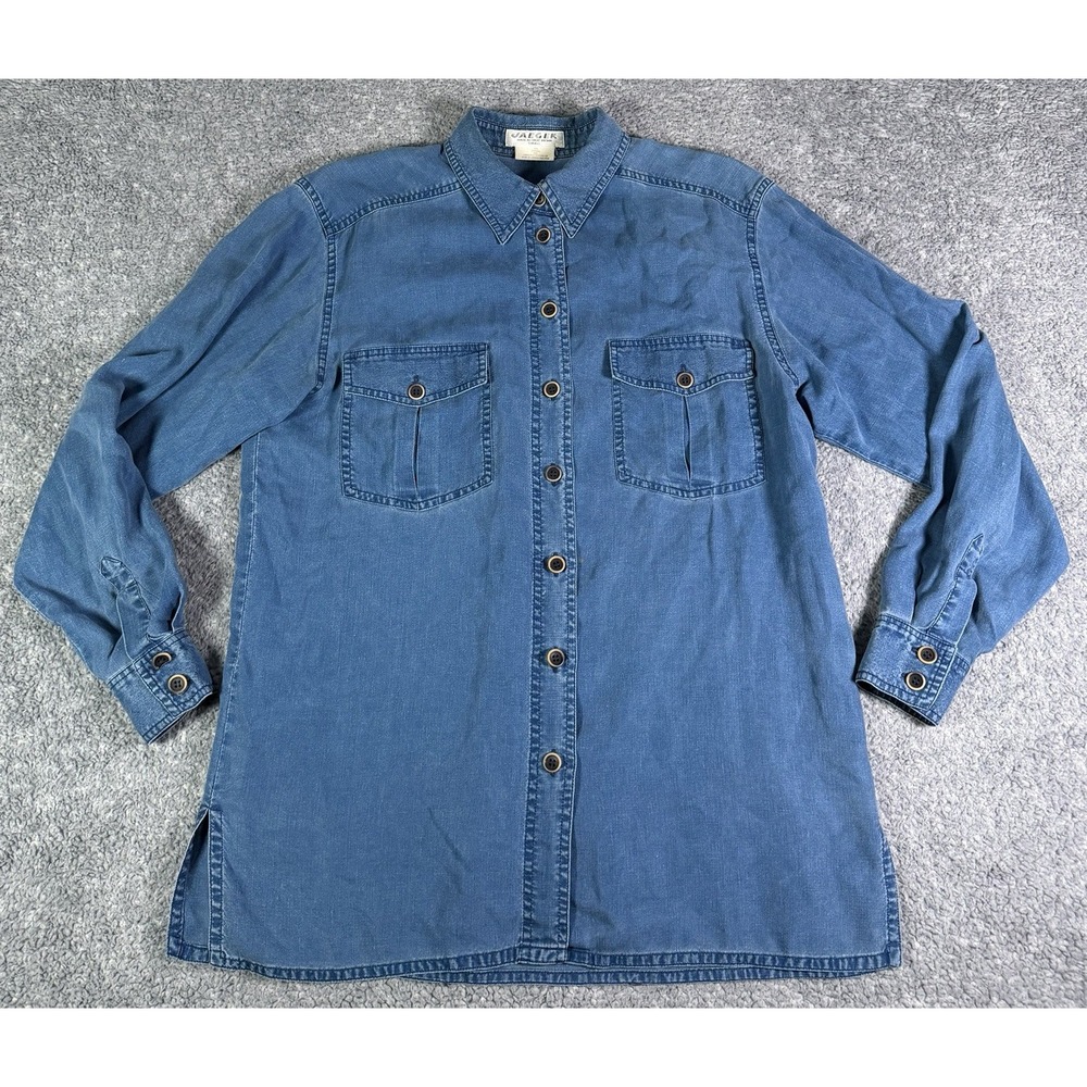 Vintage Jaeger Blue Denim Style Linen Lyocell Shirt Blouse Size Small Made In UK